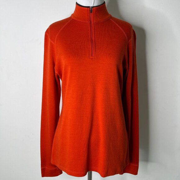 Ibex Women's Orange 100% Wool 1/4 Zip Pullover Mock Neck sweater Size Large - Picture 1 of 16